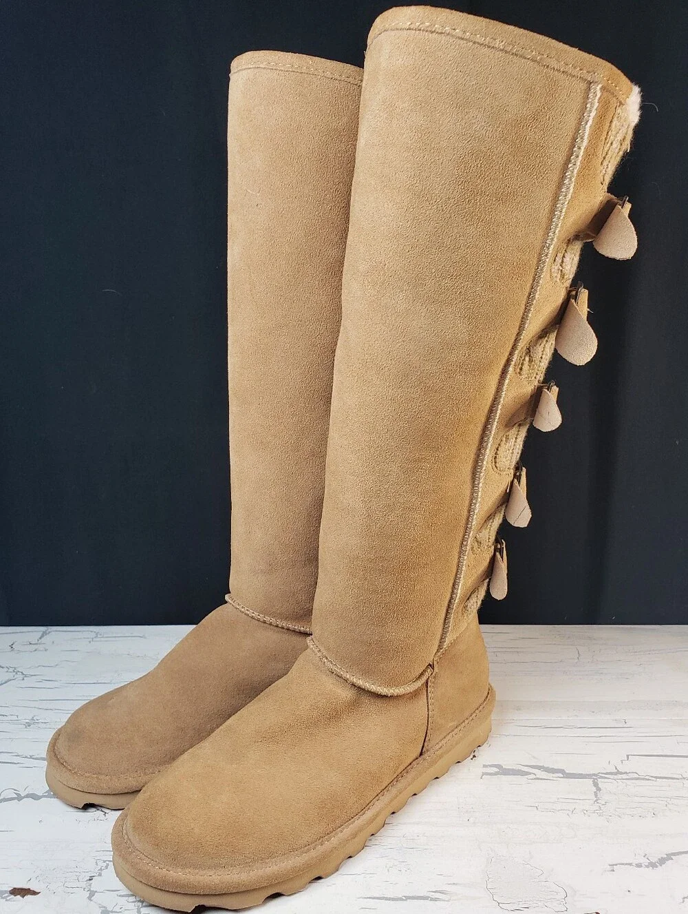 BearPaw 'Boshie' Tall Cow Suede & Knit Boots style 3017W in Tan - Women's size 9